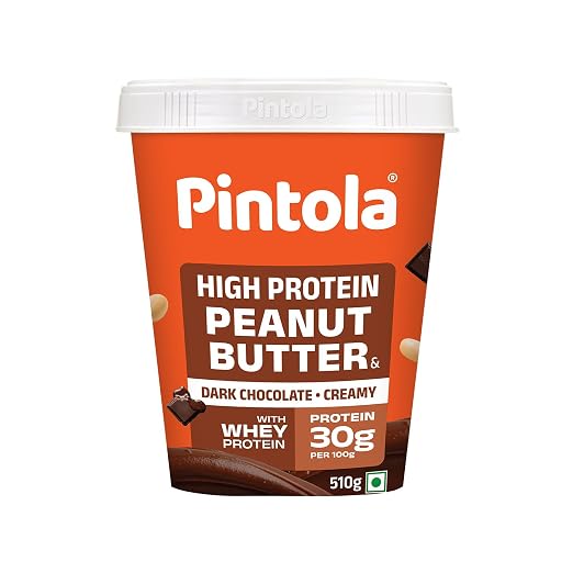 PINTOLA High Protein Peanut Butter Chocolate Flavour Creamy 510g, Added WHEY Protein, 30g Protein 6.2g Fiber, Gluten Free, Zero Trans Fat, Dark Chocolate Peanut Butter Spread, Nut Butter Bread Snacks