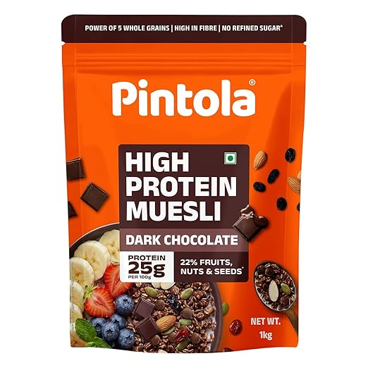 Pintola 25g High Protein Dark Chocolate & Cranberry Muesli 1kg, No Refined Sugar, High Fibre, Breakfast Cereal
