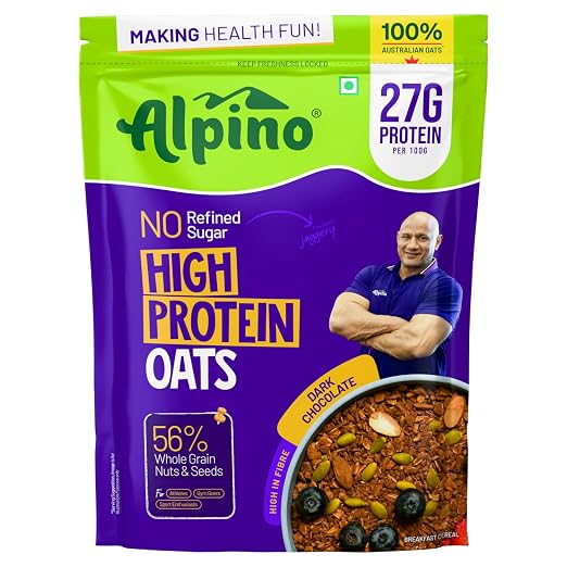 ALPINO 27% High Protein Oats Dark Chocolate – Rolled Oats, Protein Blend, Jaggery Powder, Cocoa Powder, Nuts & Seeds – 27g Protein, Source of Dietary Fibre & Healthy Fats, No Refined Sugar & Salt